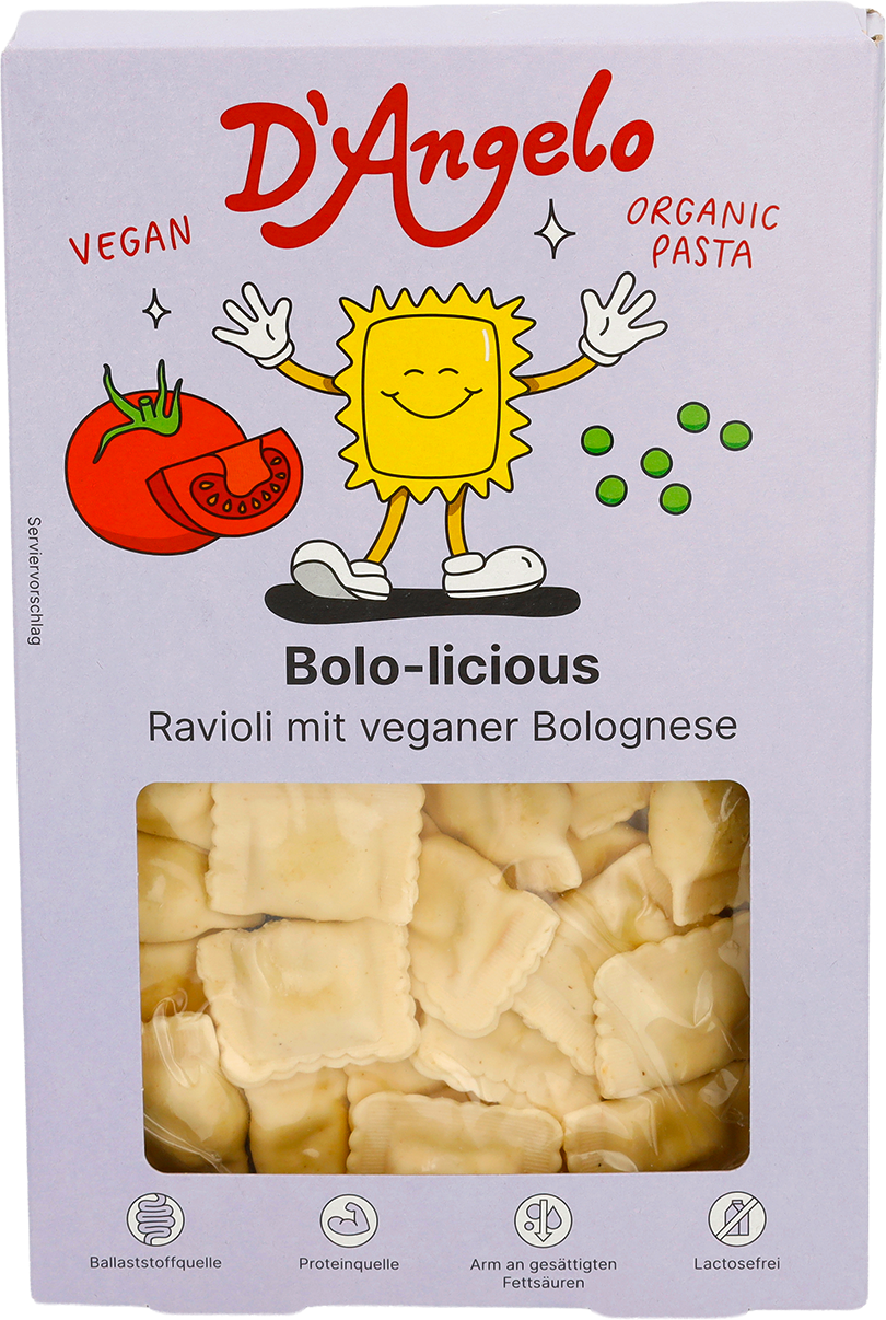 D-Angelo Bolo-licious Ravioli mit veganer Bolognese Verpackung